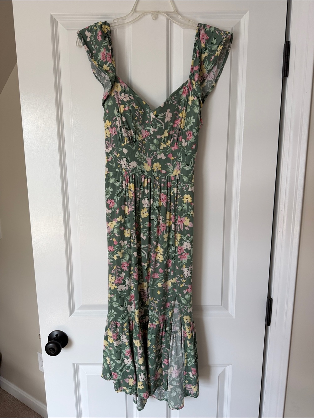 As U Wish Green Floral Midi Dress with Pink and Yellow Blooms